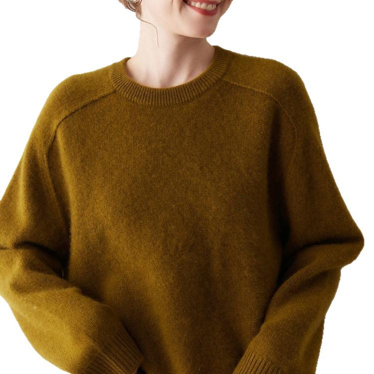 Women's Lazy Age-Reducing Cashmere Round Neck Knit Sweater - Korean Style, Autumn/Winter 2025, Thick Wool, Saddle Shoulder, Loose Fit