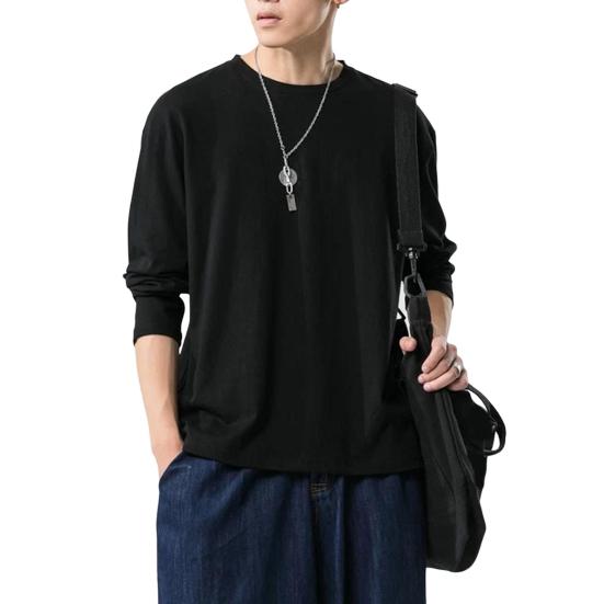 Yousheng Men Shirt Round Neck Long Sleeve Soft Breathable Tee Shirt Solid Color Loose Fit Spring Summer Casual Tops