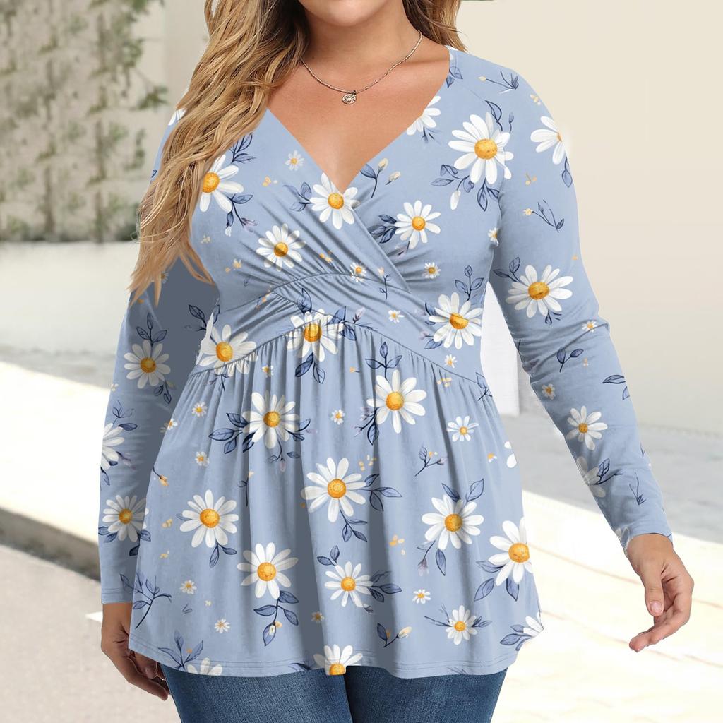 Women's Plus Size Shirt Long Sleeve  Print Top Pleated Casual V-Neck Top