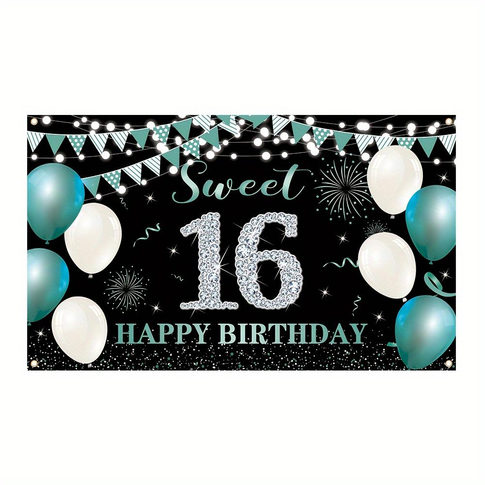 2D plane 1 piece of sweet 16th birthday banner equipped with green balloons and glitter design