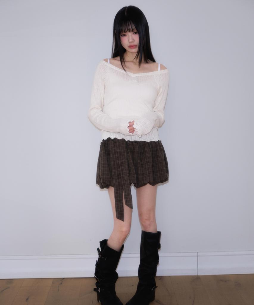 Rose Franz Balloon Check Belted Miniskirt [Brown]
