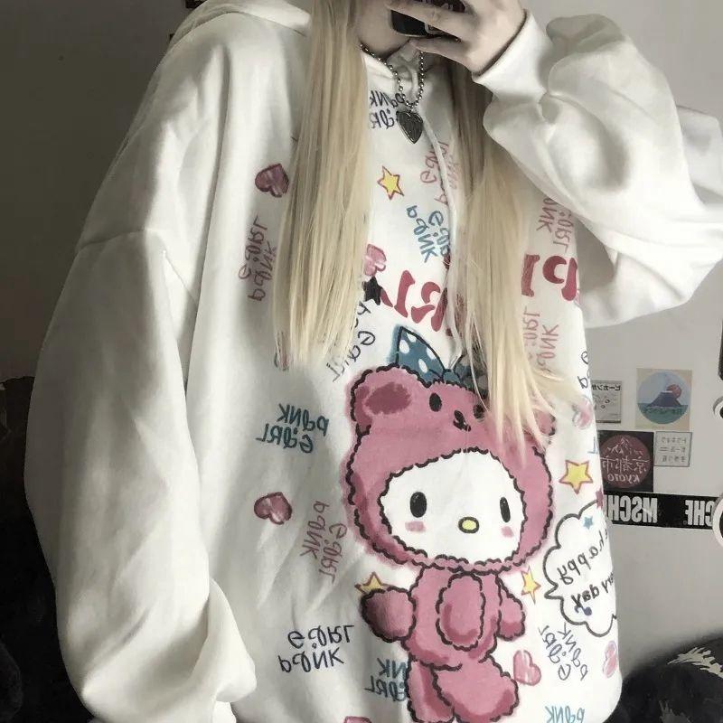 Mikina s kapucí Kawaii Harajuku pro ženy Korejská mikina Prining Mikina Anime Vintage Pink Oversized Mikina s kapucí Roztomilé oblečení Topy pro dívky