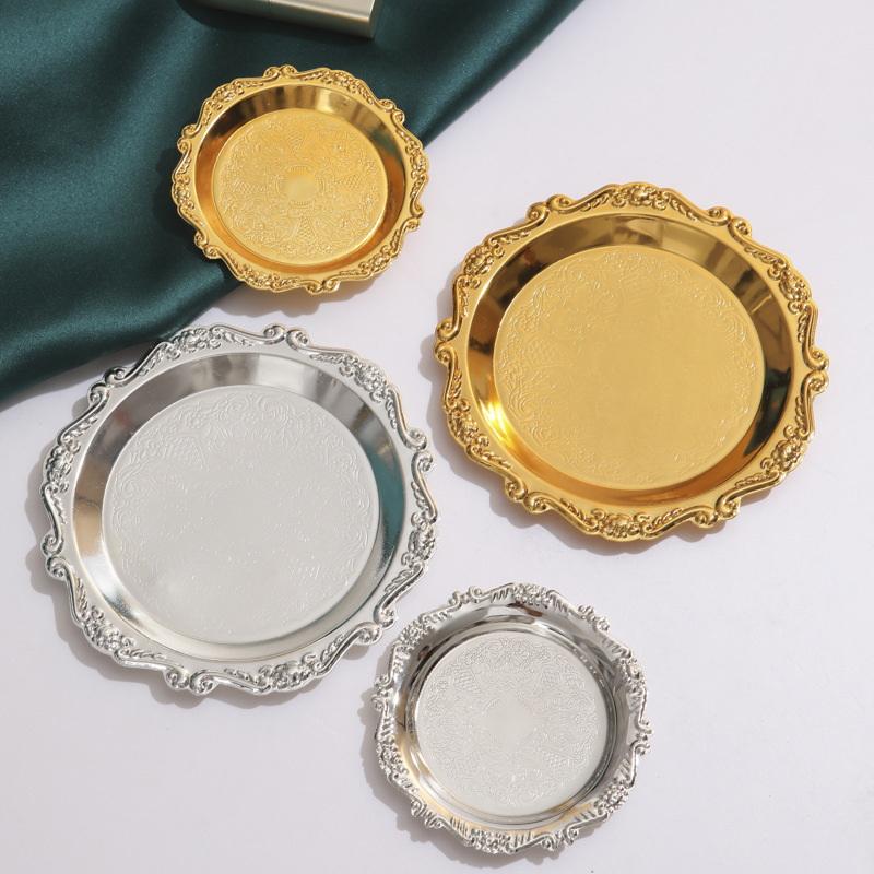 Retro Luxury Stainless Steel Plates Cake Dessert Tray High Tea Snack Fruit Dish Jewelry Storage Tabletop Decor Home Supplies
