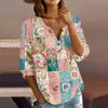 Women’s Casual Floral Patchwork Henley Blouse with Button Front and Three Quarter Sleeves Cotton Linen Shirt Top
