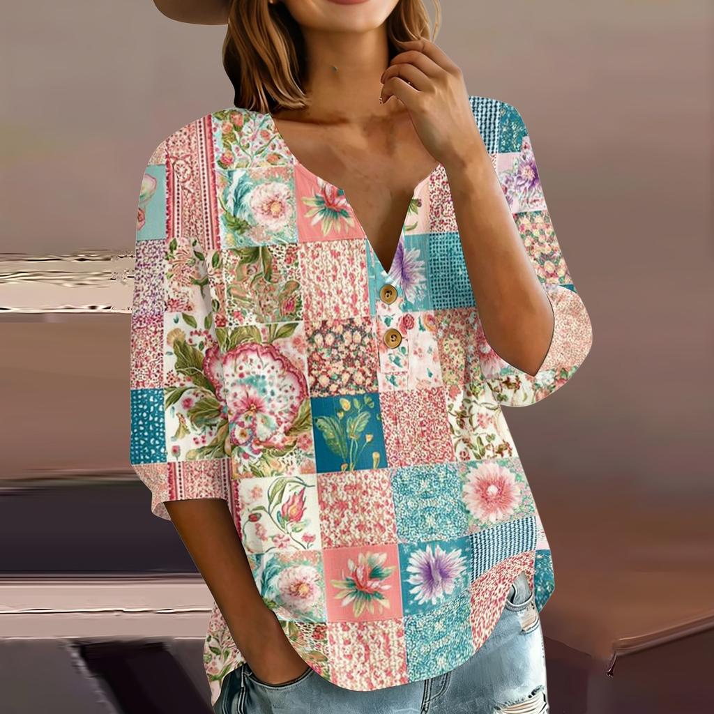 Women’s Casual Floral Patchwork Henley Blouse with Button Front and Three Quarter Sleeves Cotton Linen Shirt Top
