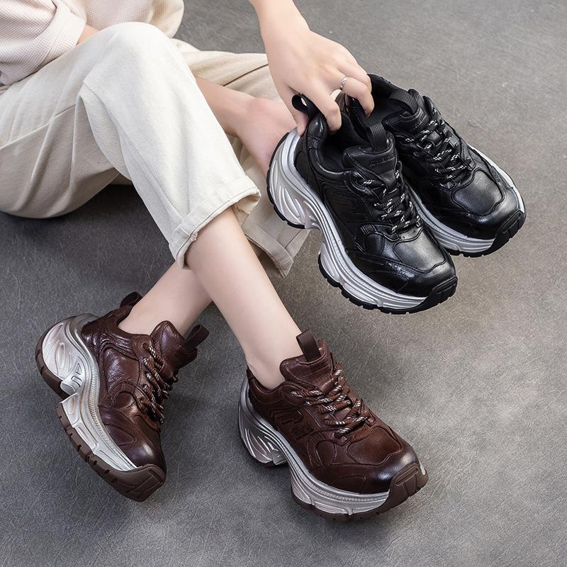 GKTINOO 2024 Autumn New Retro Lace-up Flat Platform Shoes Genuine Leather Sneakers Thick Soled Round Toe Casual Women's Shoes