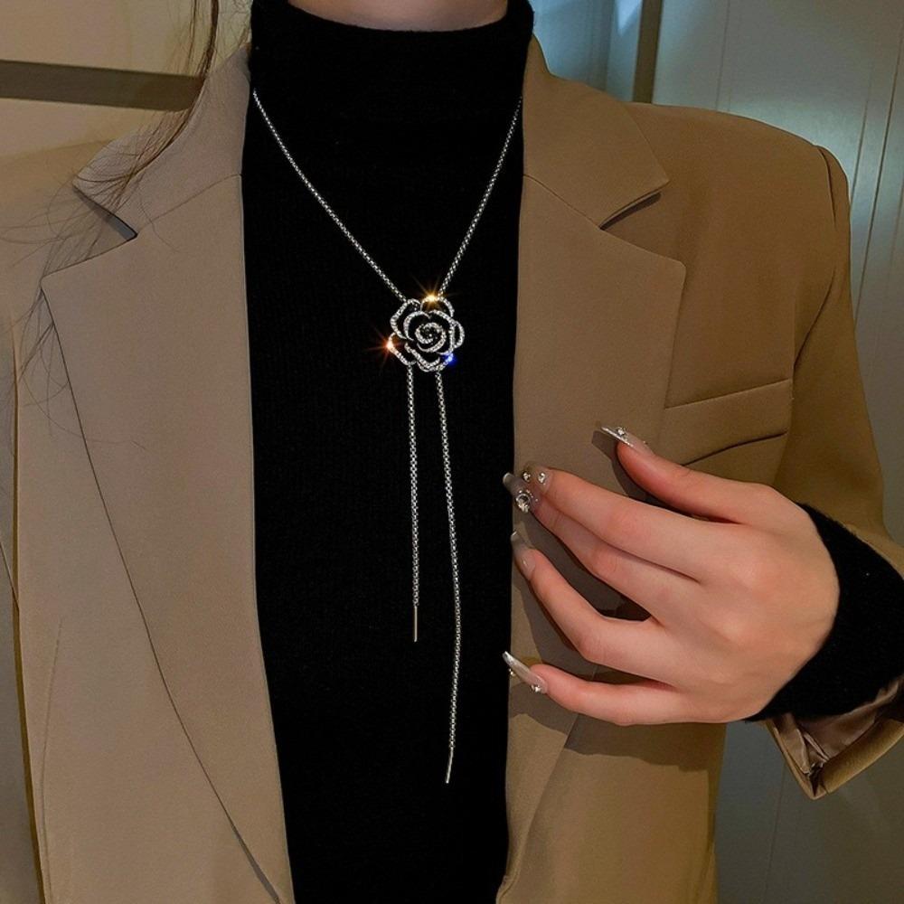 Silver Rhinestone Brooch Zinc Zinc Alloy Women Long Necklace Sweater Chain Camellia Necklace  Suit