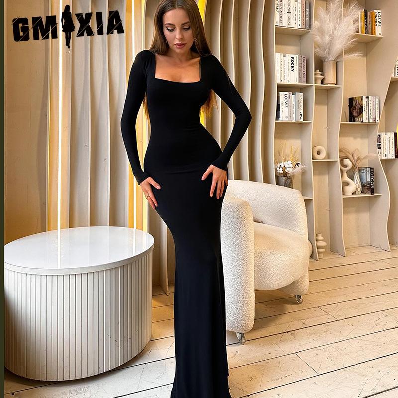GMXIA Women's Fashion Spring Autumn Solid Color Print Square Collar Long Sleeve Casual Dresses