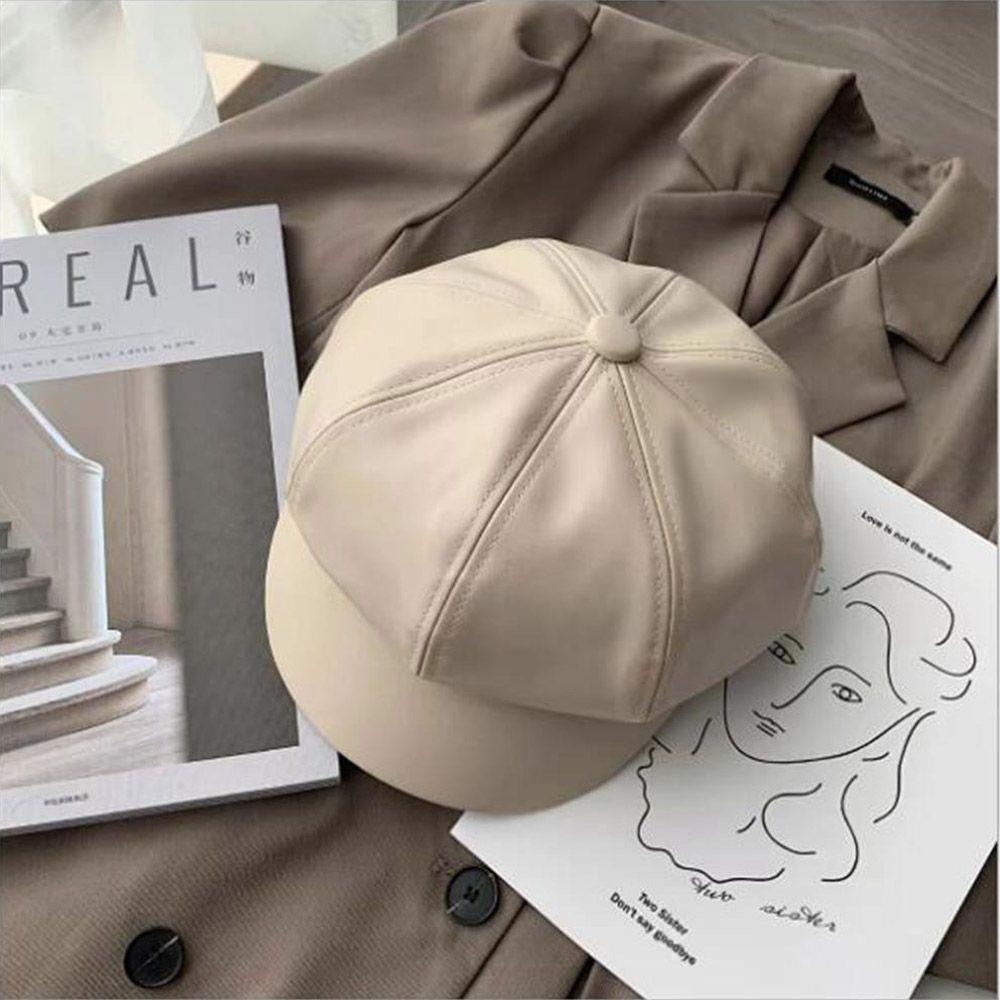 Casual Octagonal New Fashion PU Leather Peaked Cap Beret Hat Newsboy Cap Newsboy Hat