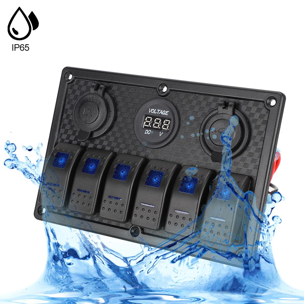 12V‑24V 6 Gang Rocker Switch Panel with Cigarette Lighter Socket 2 USB Voltmeter Display for Car Boat Truck RV