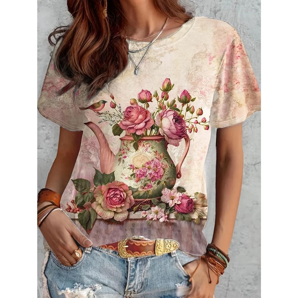 T-shirt d'été à col rond pour femme, tempérament, manches courtes, blouse à motif floral rétro, coupe ample et décontractée