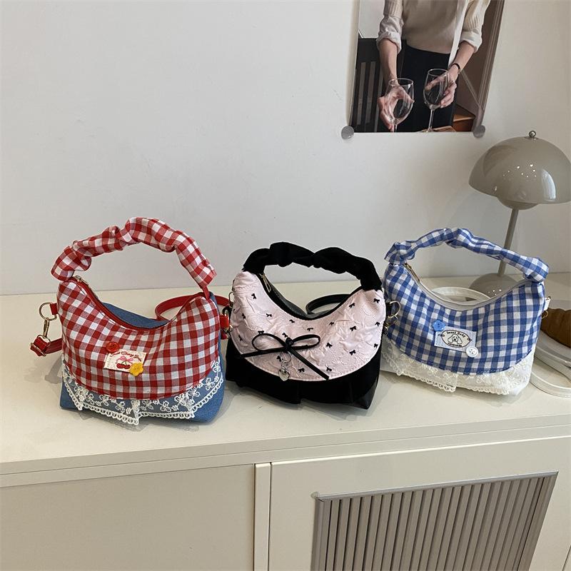 Sweet Lace Plaid Women'S Shoulder Bags Patchwork College Style Crossbody Bag Y2K Koreanhandbags