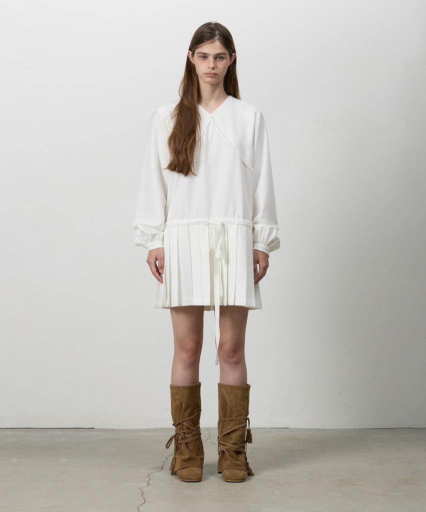 Three To Eighty Pleats Ribbon Dress White