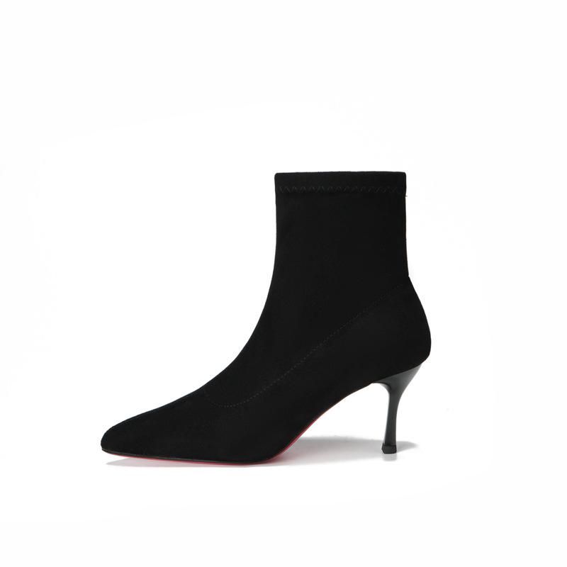 Ready Stock Red 5.5cm Stiletto Heel Velvet Ankle Boots for Women