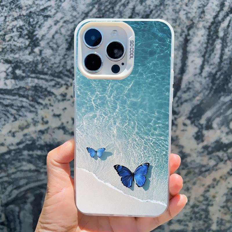 Blauwe Vlinder Oceaan Golven Telefoonhoesje Voor iPhone 14 13 12 11 Pro Max 16 15 Pro Max 13 Mini 16 15 14 Plus Schokbestendige Laser Hoesjes