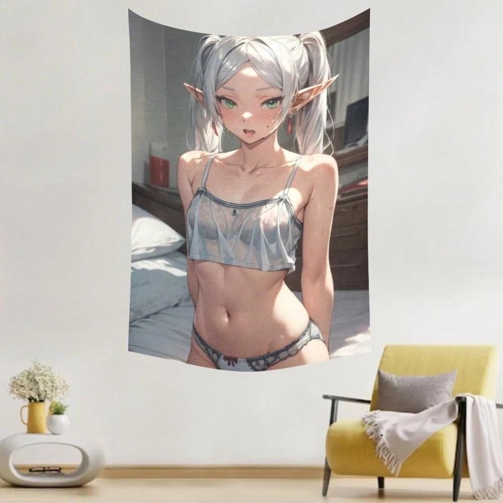 MultiSize Fantasy Anime Elf Girl Tapestry Wall Hanging Silver Hair Green Eyes HD Print Soft Polyester Wall Art for Bedroom Do