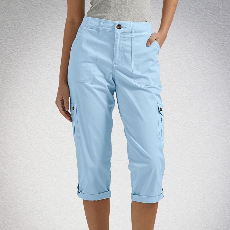 Pantalones Cortos Cargo Elegantes para Mujer Primavera Verano Moda Casual Color Sólido Bolsillo Peto Pierna Recta Ajustada Pantalones de Cinco Cuartos
