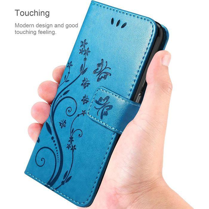 Coque pour Samsung Galaxy A27 5G, Synthécuir Anti-Rayures Bleu Motif Floral - 2 Verres Trempés