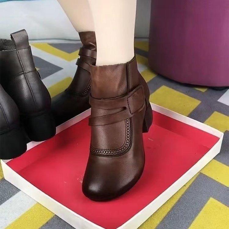 Fashion Women Shoes Round Toe Platform Leather Handmade Retro Thick Heel Casual Loafers Ladies Autumn Winter Soft Sole Plush Warm Boots