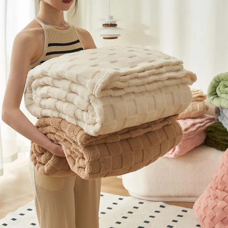Travel Blanket Thick Warm Fleece Blanket Plush Soft Solid Color Sofa Blanket Comfortable Square Texture Bed Blanket Home Use