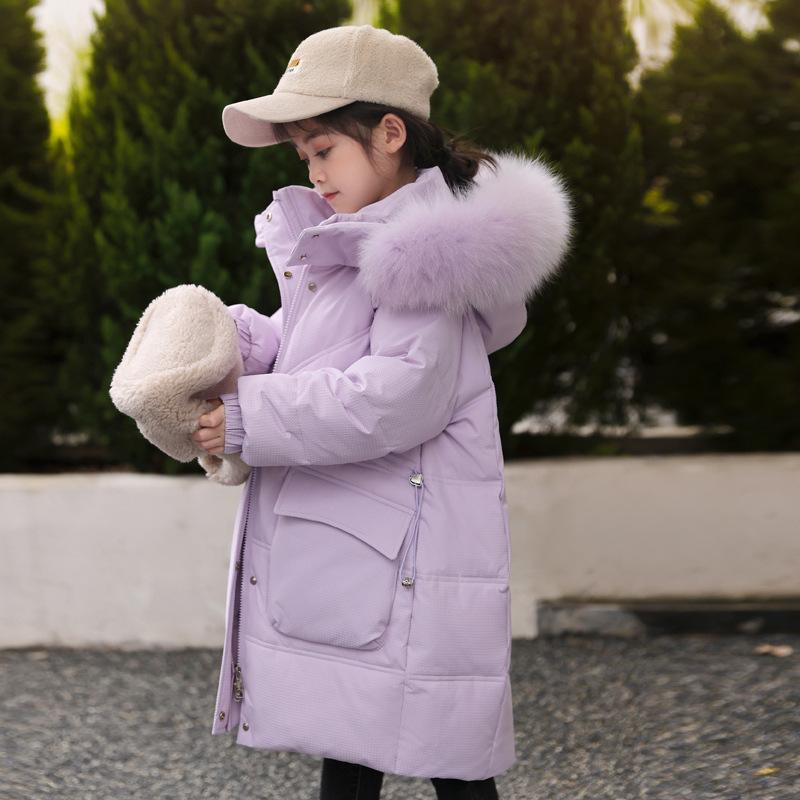 Children's Mid-length Girls Down Jacket Thick White Duck Down Korean Style Warm Student Coat