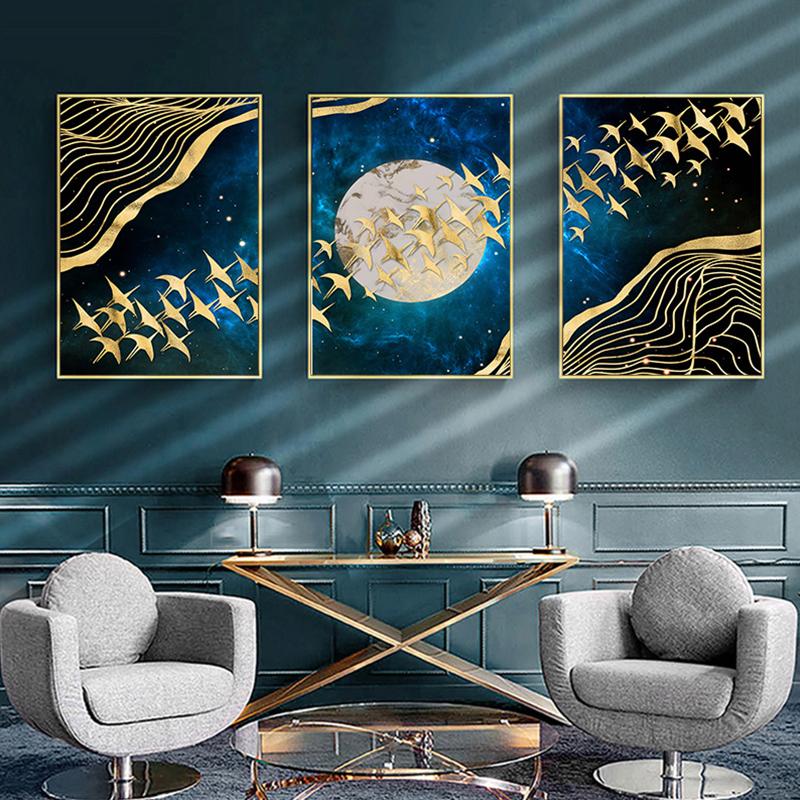 Ciel nocturne, lune dorée et oiseau, affiche sur toile abstraite européenne haut de gamme, peinture murale, paysage, décoration d'intérieur