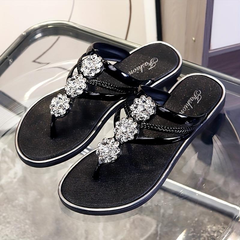 Elegante Strass-Blumen-Sandalen für Damen – bequeme Strand-Slipper mit flachem Absatz, lässige Ganzjahres-PVC-Flip-Flops