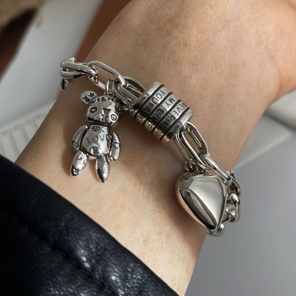100% Solid 925 Silver Retro Bracelet for Women Men Vintage Handmade Heart Bracelet Birthday Gift