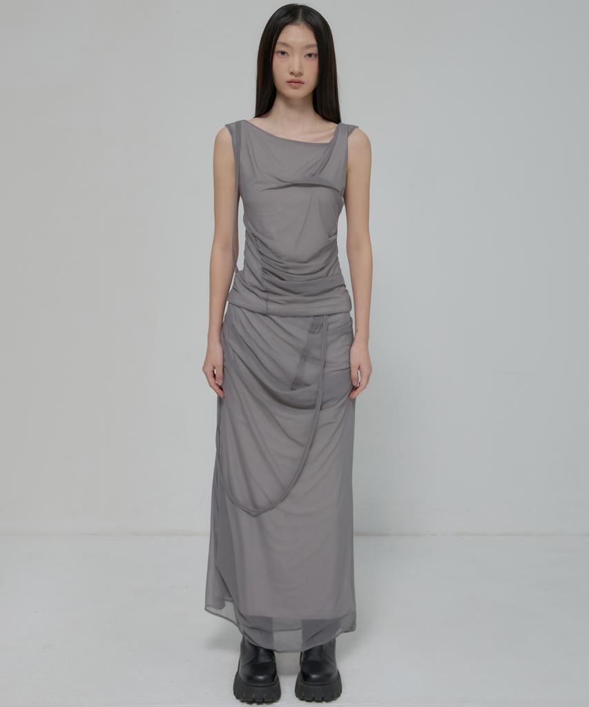 Peulleeoeob Draped Mesh Layered Long Skirt (Fl-264_Gray)