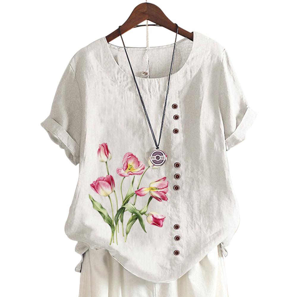 Fashionable Women's Round Neck Short Sleeve Top with 11 Color Choices and Stylish Floral Design