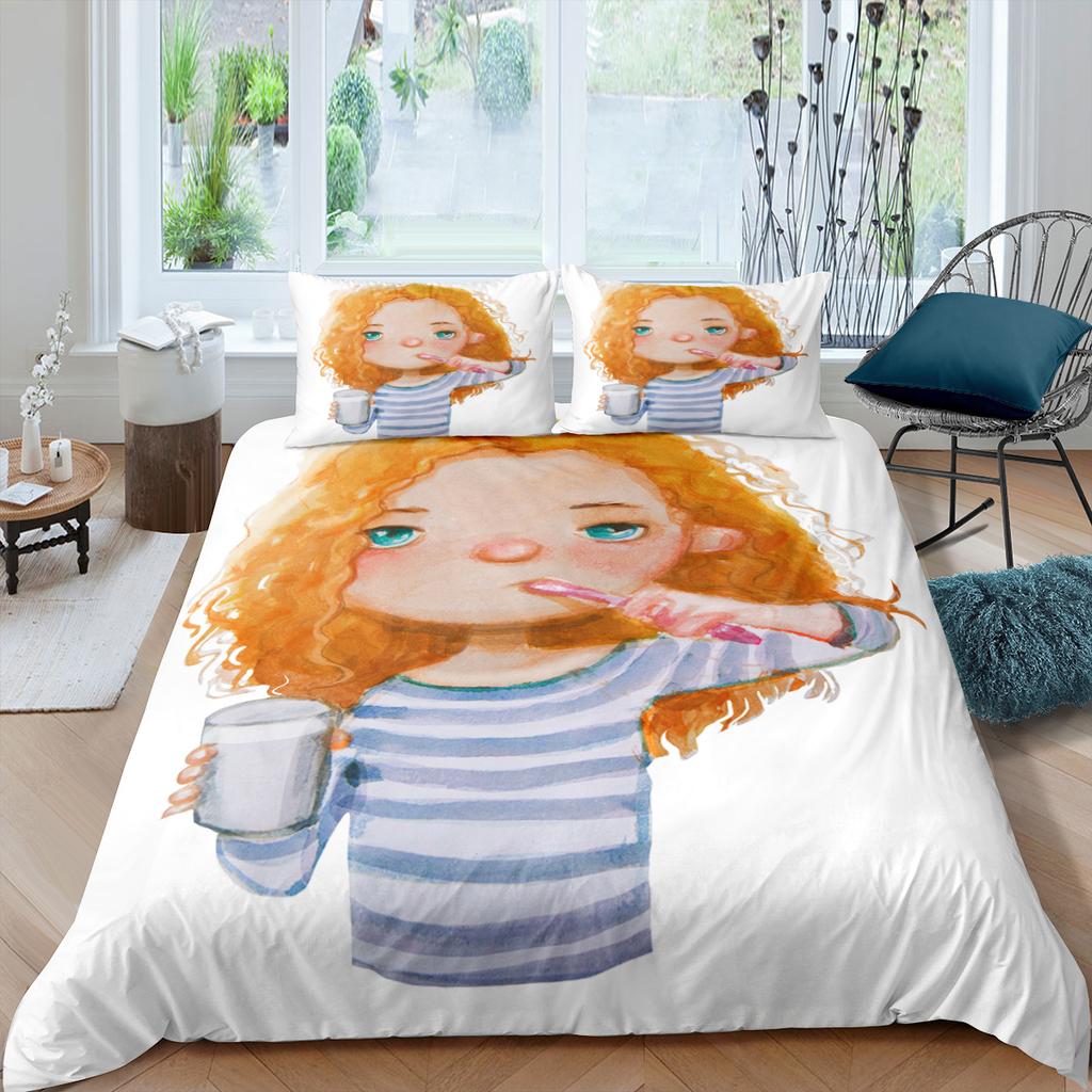 Cartoon Girl Pattern Duvet Cover Set, Cute Girl Goose Portrait Bedding Set For Child, Oil Painting Style Duvet Cover