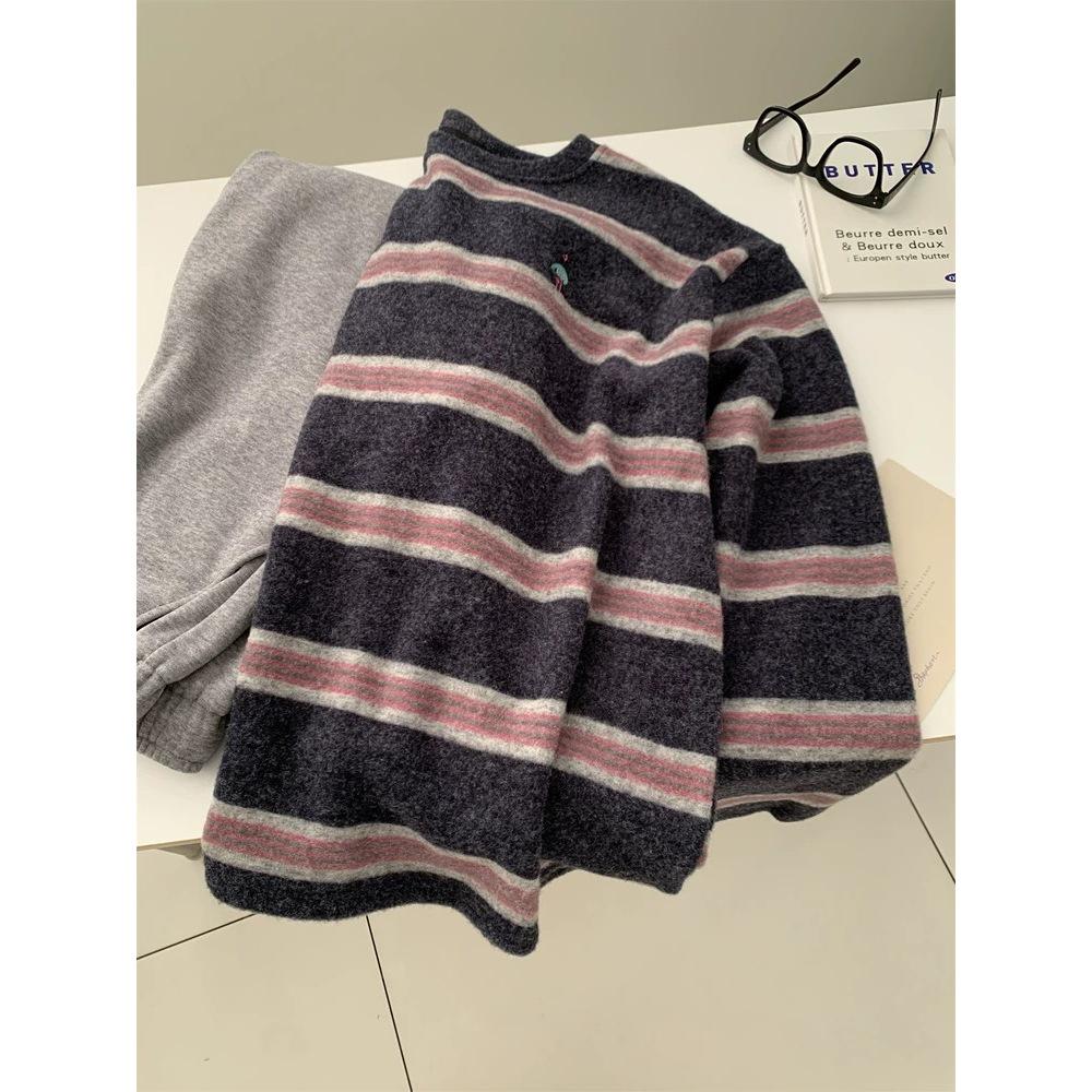 High-End Color Block Stripe Long Sleeve Women's Autumn/Winter Embroidered Warm T-shirt