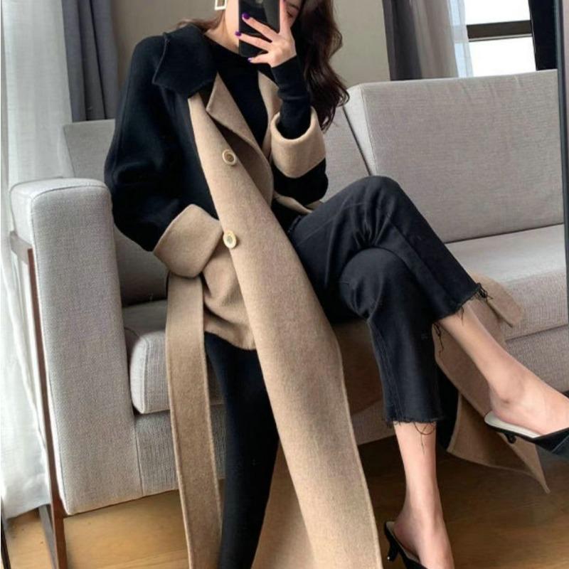 New Autumn and Winter Loose Double-sided Velvet Color Matching Temperament Hepburn Style Slim Woolen Coat Women's Long Coat