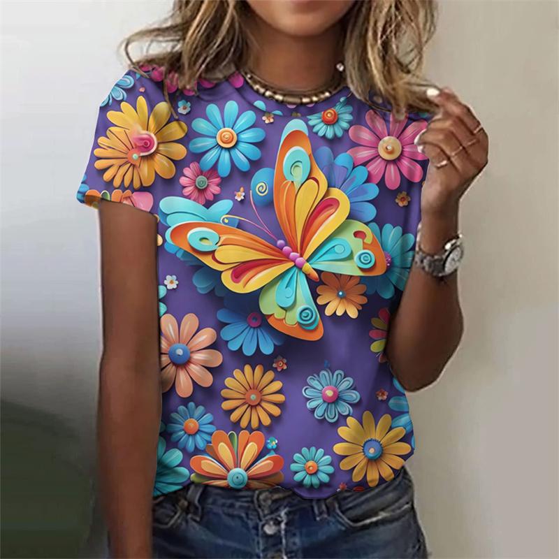 Sommer Damen Rundhals 3D T-Shirt Schönes und Niedliches T-Shirt Schmetterlingsdruck Damen Großes T-Shirt