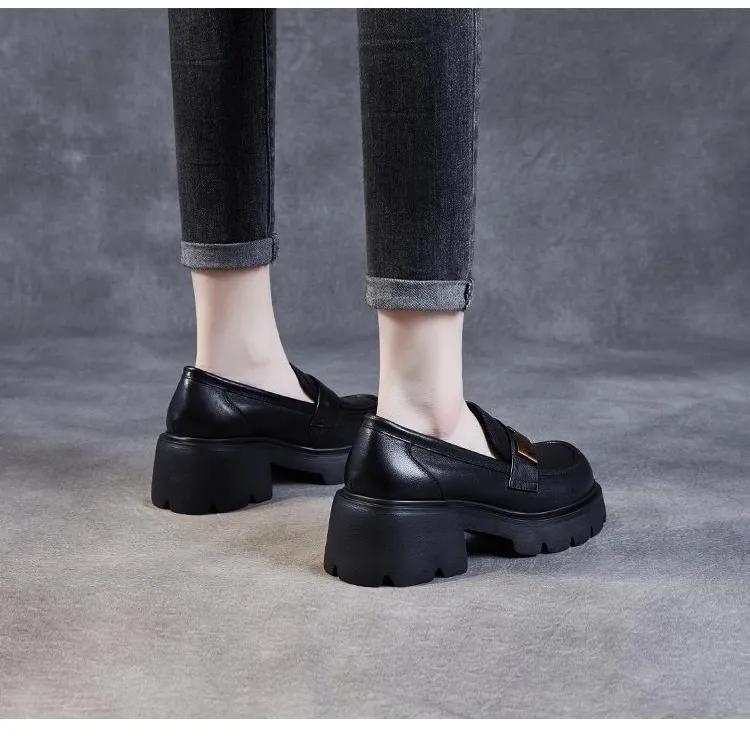Damskie Loafersy na Grubej Platformie na Wiosnę i Jesień Styl Brytyjski Retro Miękkie Skórzane Buty