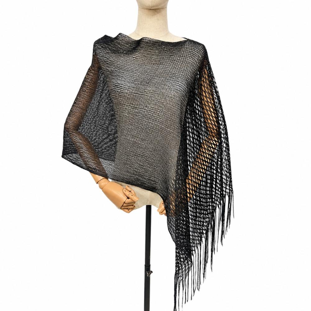 Women Glitter Mesh Tassel Hollow Knit Shawl, Gold Silver Yarn Fashion Wrap for Dinner Party Spring Summer