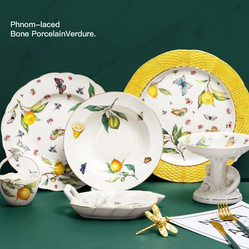 European Lemon Pattern Ceramic Dinner Steak Plate Bowl Fruit Candy Fruit Dim Sum Western Cuisine Plate Dishes Dinner Plates
