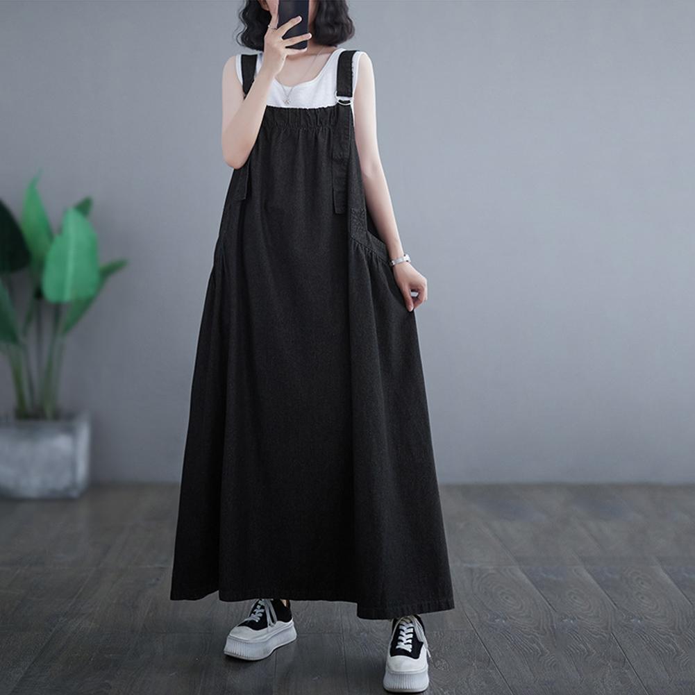 Women Summer Vintage Loose Denim Overall Dress - Adjustable Shoulder Straps Square Collar Side