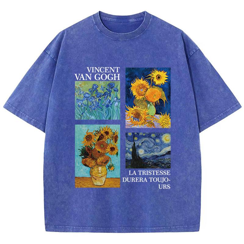 Βαμβακερά Γυναικεία T-Shirts με Αποχρωματισμό Acid Wash Van Gogh La Tristesse Durera Toujours Μπλουζάκια με Prints Oversize Μπλούζες με Στρογγυλή Λαιμόκοψη και Φθαρμένη Όψη