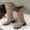 Mocka Klumpiga Damskor Höga Stövlar Designer Mellanhälsskor 2025 Trend Nytt Märke Mode Pumps Goth Gladiator Vinter Botas De Mujer