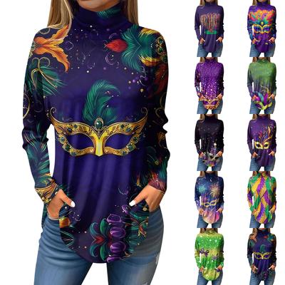 Tee Shirts For Women Fall Casual Long Sleeve Shirts Sweatshirt Vintage Printed High Neck Top Pullover