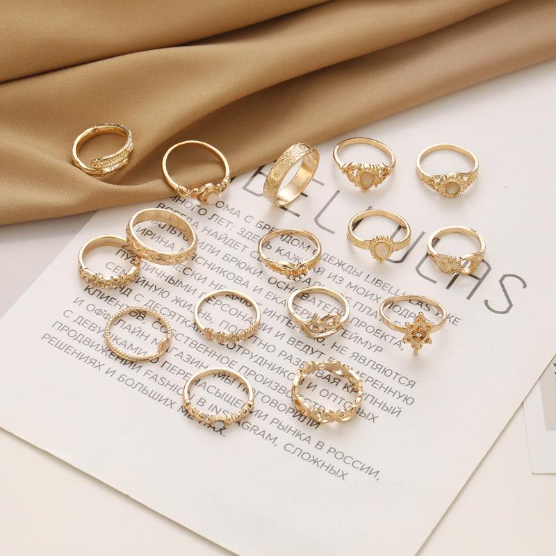 16Pcs Bohemian Vintage Geometric Ring, Opal Ring, Hollow Joint Ring
