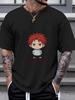 ODASAKUMAN Chibi Anime Boy Graphic T-shirt - Black Crew Neck Short Sleeve