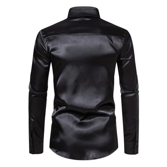 Men Dress Shirt Glossy Surface Satin Solid Color Turn-down Collar Button-down Mid Length Formal Busines Shirt Party Club Shirt
