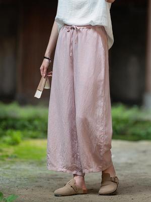 Spring Literary Linen Balloon Wide-Leg Pants - Women's Washed Cotton Nine-Point Loose Fit