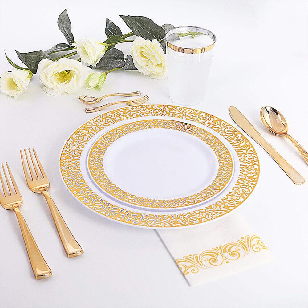 25PCS 7.5" Gold Lace Disposable Plastic Plates Wedding Birthday Party Christmas