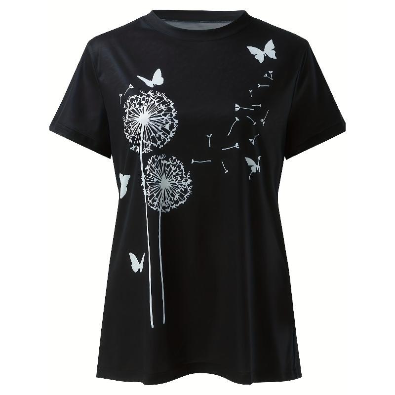 חולצת טי מודפסת Dandelion & Butterfly במידות אירופאיות, טופ קז'ואל עם צווארון עגול ושרוולים קצרים לאביב וקיץ, ביגוד לנשים