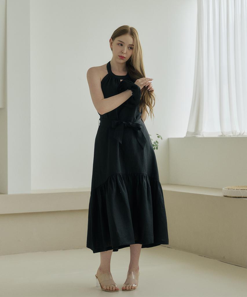 Belrma Black Linen Back-Open Ribbon Halterneck Dress
