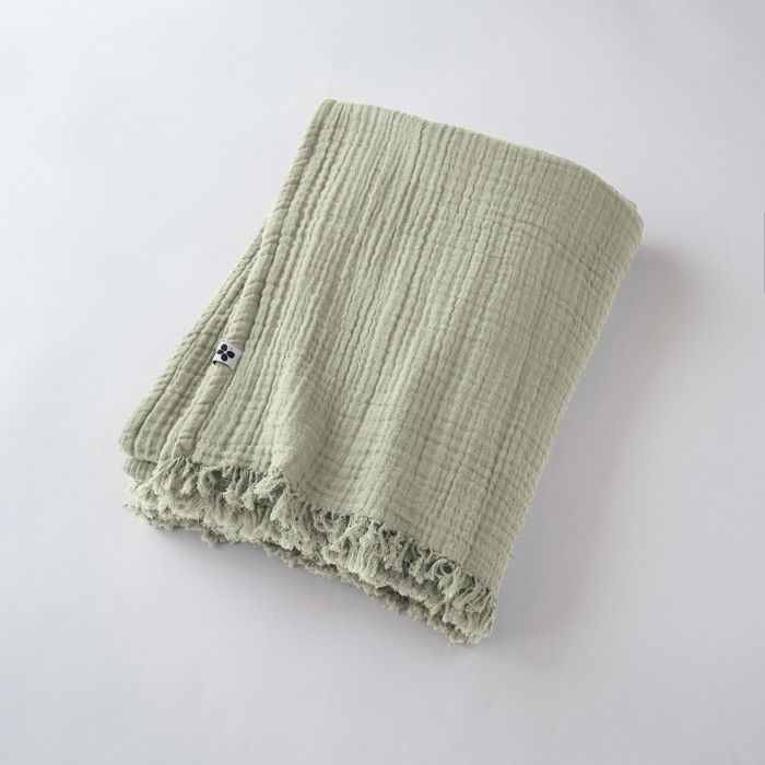 Fringed Throw "Gaïa" All Sizes "Cotton Gauze" - 180x220 - Gaïa Water Green