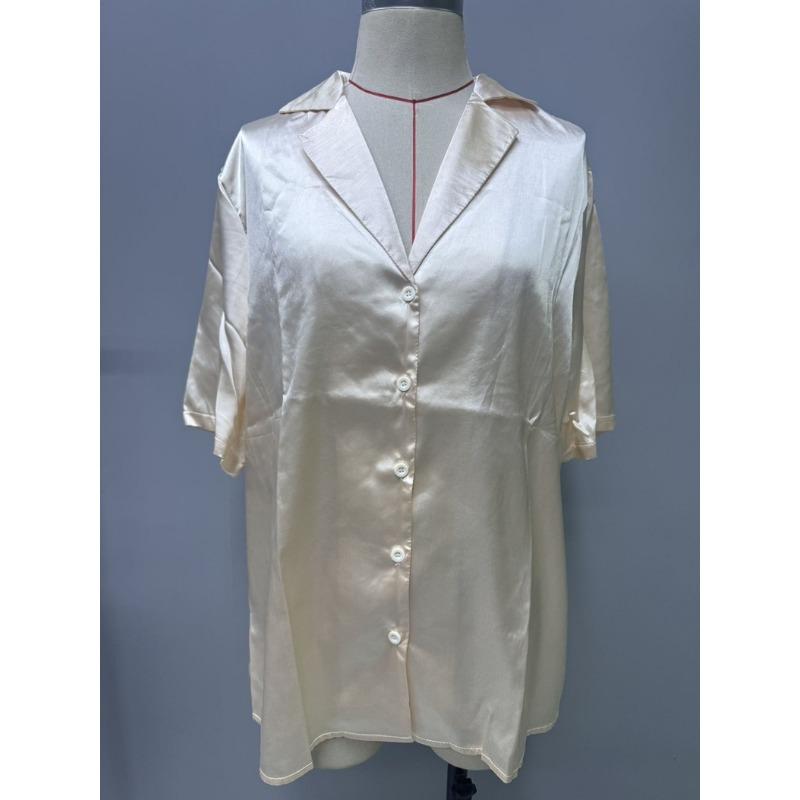 Chemise d'été à manches courtes en satin imitation soie pour femme, col coloré, chemisiers et chemises